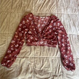 Altar'd State Rust Floral Twist-Front Long Sleeve Crop Top
